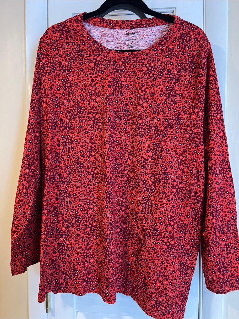 Sonoma Red Micro Floral Long-Sleeve Crewneck Top
